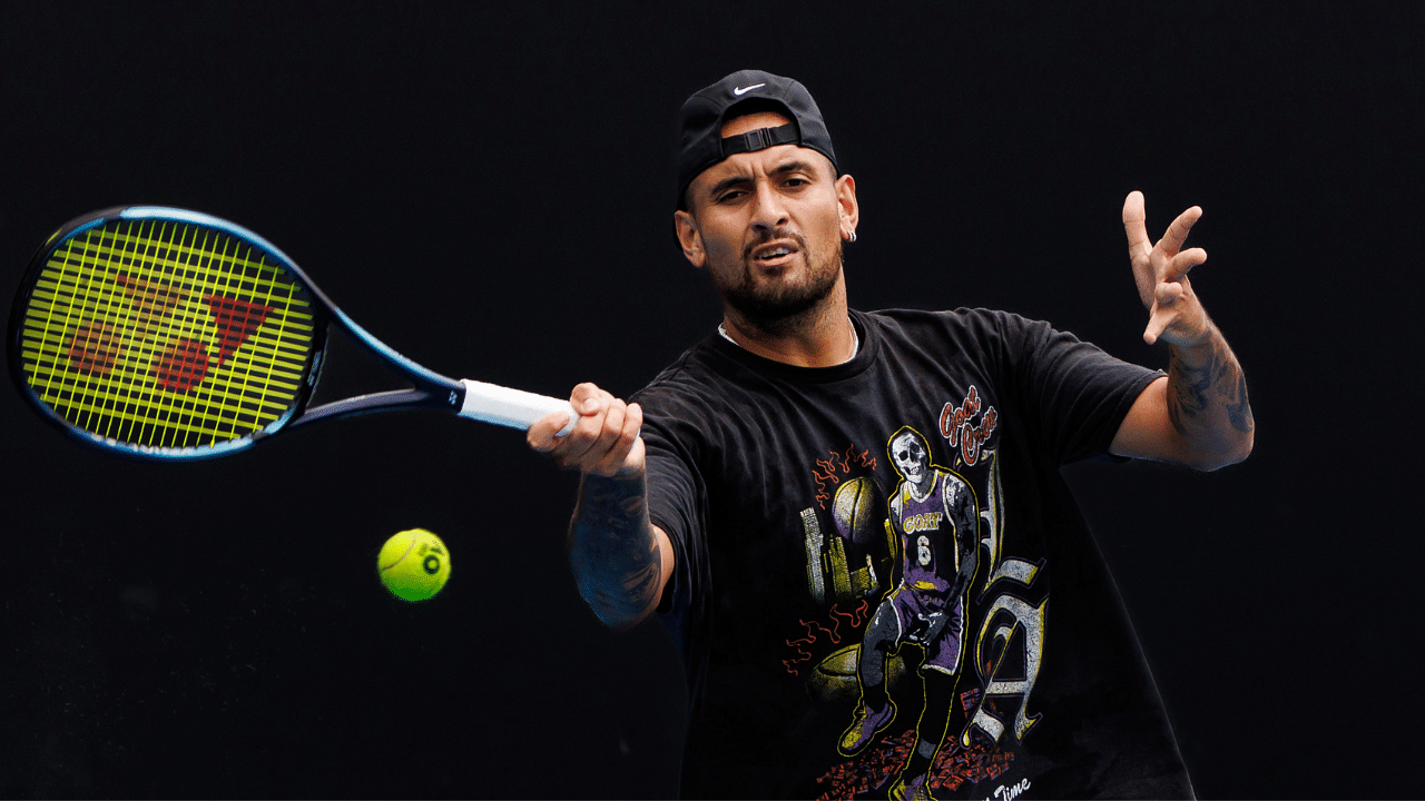 Nick Kyrgios of Australia hits a shot during a practice session on court 16 at Melbourne Park.