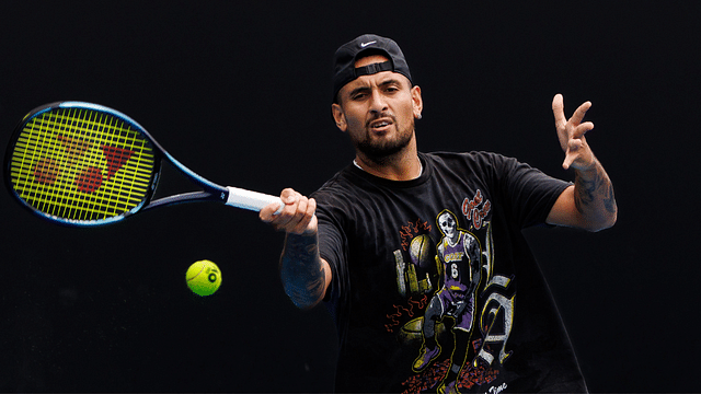 Nick Kyrgios of Australia hits a shot during a practice session on court 16 at Melbourne Park.