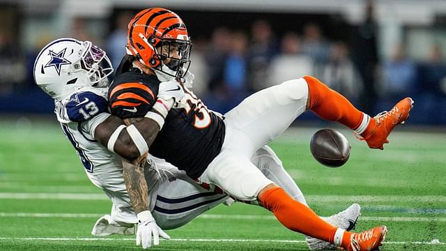 Dallas Cowboys linebacker DeMarvion Overshown takes down Cincinnati Bengals running back Chase Brown (30) Monday Night Football at AT&T Stadium in Arlington,Texas on Monday, December 9, 2024.