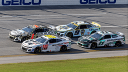 Oct 6, 2024; Talladega, Alabama, USA; Shane Van Gisbergen (16) and Ross Chastain (1) battle for the lead with Chase Elliott (9) and Brad Keselowski (6) trailing during the second stage of the YellaWood 500 at Talladega Superspeedway. Mandatory Credit: Vasha Hunt-Imagn Images