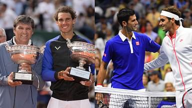 Toni Nadal and Rafael Nadal (L), Novak Djokovic and Roger Federer (R)