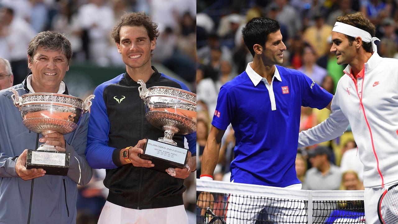 Toni Nadal and Rafael Nadal (L), Novak Djokovic and Roger Federer (R)