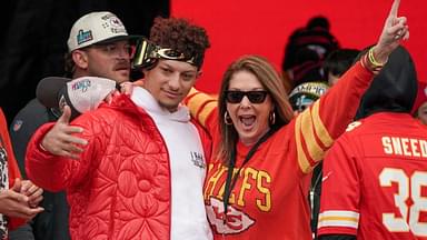 Kansas City Chiefs quarterback Patrick Mahomes (15) celebrates with his mother Randi Martin during the Kansas City Chiefs Super Bowl parade.