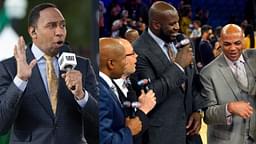 Stephen A. Smith (L) and Shaquille O'Neal with the TNT crew (R)