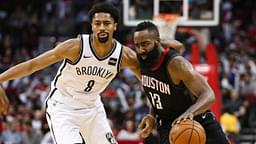 Houston Rockets guard James Harden (13) dribbles the ball as Brooklyn Nets guard Spencer Dinwiddie (8) defends during the third quarter at Toyota Center