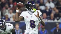 Dec 15, 2024; Houston, Texas, USA; Baltimore Ravens quarterback Lamar Jackson (8) throws the ball during the second quarter against the Houston Texans at NRG Stadium.