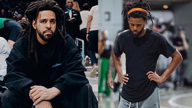 J Cole courtside in an NBA game (L) and J Cole hooping (R)