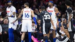 Philadelphia 76ers center Andre Drummond (5) reacts after being called for a foul against San Antonio Spurs center Victor Wembanyama (1) during the second quarter at Wells Fargo Center.