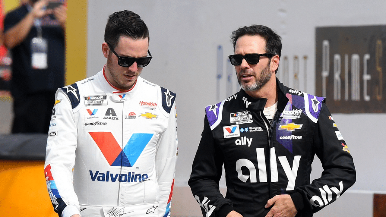 NASCAR Cup Series driver Jimmie Johnson (48) and NASCAR Cup Series driver Alex Bowman (88) before the Daytona 500 at Daytona International Speedway.