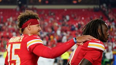 Kansas City Chiefs quarterback Patrick Mahomes (15) celebrates with wide receiver Xavier Worthy (1) after the win over the Baltimore Ravens at GEHA Field at Arrowhead Stadium.