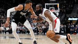 Los Angeles Clippers guard James Harden (1) drives to the basket against San Antonio Spurs forward Victor Wembanyama (1) during the first half at Frost Bank Center.