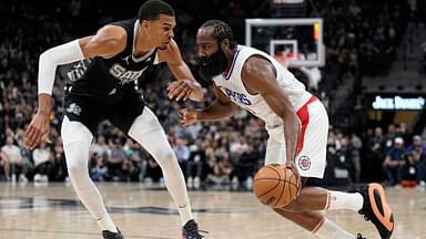 Los Angeles Clippers guard James Harden (1) drives to the basket against San Antonio Spurs forward Victor Wembanyama (1) during the first half at Frost Bank Center.