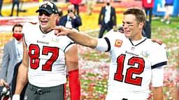 Tampa, FL, USA; Tampa Bay Buccaneers quarterback Tom Brady (12) and tight end Rob Gronkowski (87) celebrate after beating the Kansas City Chiefs in Super Bowl LV at Raymond James Stadium.