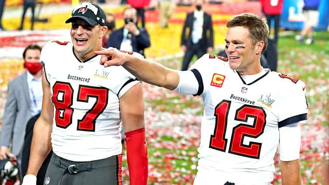 Tampa, FL, USA; Tampa Bay Buccaneers quarterback Tom Brady (12) and tight end Rob Gronkowski (87) celebrate after beating the Kansas City Chiefs in Super Bowl LV at Raymond James Stadium.