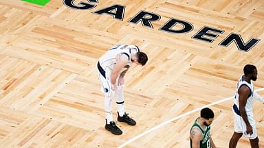 Dallas Mavericks guard Luka Doncic (77) reacts in the fourth quarter against the Boston Celtics during game five of the 2024 NBA Finals at TD Garden.