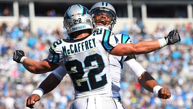 Oct 7, 2018; Charlotte, NC, USA; Carolina Panthers running back Christian McCaffrey (22) celebrates with quarterback Cam Newton (1) after scoring a touchdown in the fourth quarter at Bank of America Stadium.