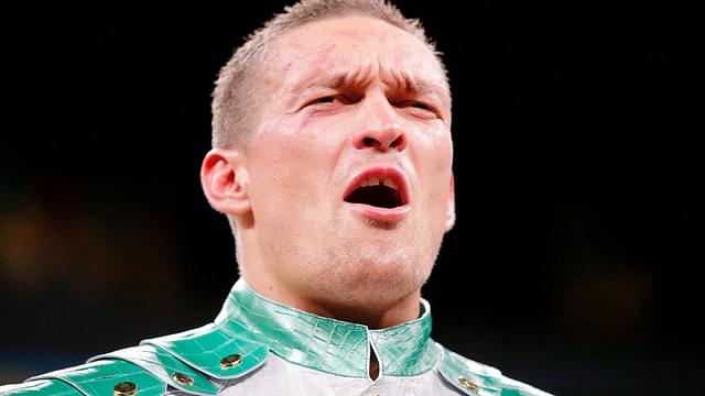 Oleksandr Usyk (white trunks) after his win over Chazz Witherspoon (not pictured) box during a heavyweight boxing match at Wintrust Arena.