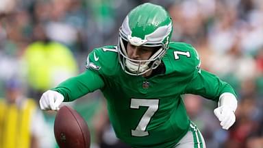 Philadelphia Eagles quarterback Kenny Pickett (7) fumbles the ball during the second quarter against the Dallas Cowboys at Lincoln Financial Field.