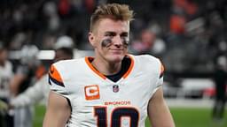 Denver Broncos quarterback Bo Nix (10) reacts after the game against the Las Vegas Raiders at Allegiant Stadium.