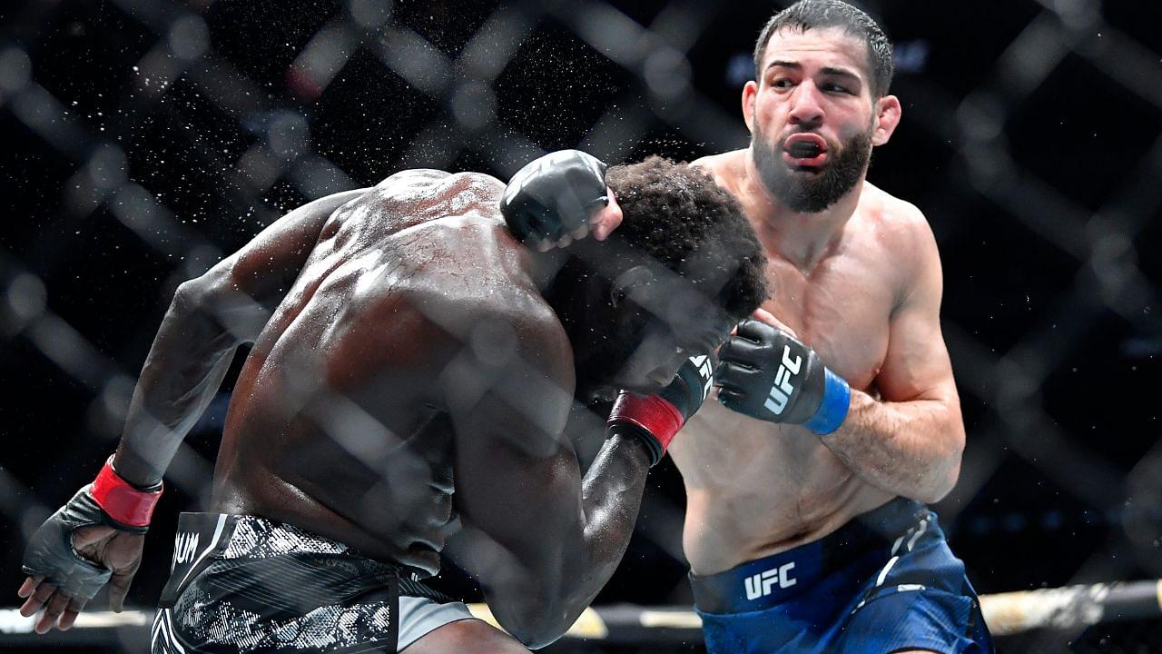 Nassourdine Imavov, right, connects with Jared Cannonier during the third round of their middleweight main bout at the UFC Fight Night mixed martial arts event Saturday, June 8 2024 in Louisville Ky. Imavov defeated Cannonier in the third round.