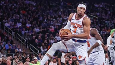 New York Knicks guard Josh Hart (3) grabs a rebound in the first quarter against the San Antonio Spurs at Madison Square Garden.