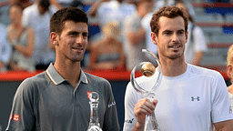 Novak Djokovic of Serbia (left) and Andy Murray of Great Britain with their trophies during the Rogers Cup tennis tournament final at Uniprix Stadium.