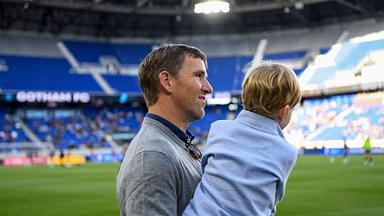 Harrison, New Jersey, USA; Retired Giants quarterback Eli Manning during the pregame at Red Bull Arena