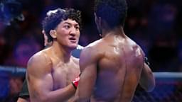 Raul Rosas Jr. (red gloves) reacts after defeating Terrence Mitchell (blue gloves) during UFC Fight Night at T-Mobile Arena.