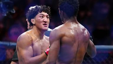 Raul Rosas Jr. (red gloves) reacts after defeating Terrence Mitchell (blue gloves) during UFC Fight Night at T-Mobile Arena.