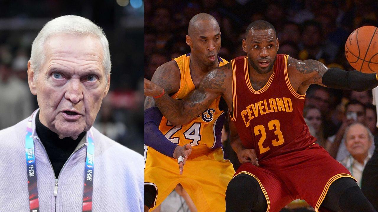 Jerry West (L), Kobe Bryant and LeBron James (R)