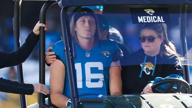 Jacksonville Jaguars quarterback Trevor Lawrence (16) is carted off the field after sustaining a heavy hit during the second quarter of an NFL football matchup Sunday, Dec. 1, 2024 at EverBank Stadium in Jacksonville, Fla.