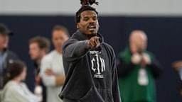 Former Auburn quarterback and NFL MVP Cam Newton runs a drill during Auburn Tigers Pro Day at Woltosz Football Performance Center in Auburn, Ala., on Tuesday, March 21, 2023.