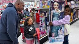 Magic Johnson in a Target counter (L) and a kid with her Christmas present (R)