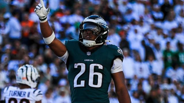 Oct 27, 2024; Cincinnati, Ohio, USA; Philadelphia Eagles running back Saquon Barkley (26) reacts after quarterback Jalen Hurts (not pictured) scores a touchdown against the Cincinnati Bengals in the second half at Paycor Stadium.