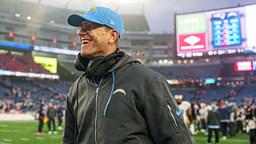 Los Angeles Chargers head coach Jim Harbaugh reacts after defeating the New England Patriots at Gillette Stadium.