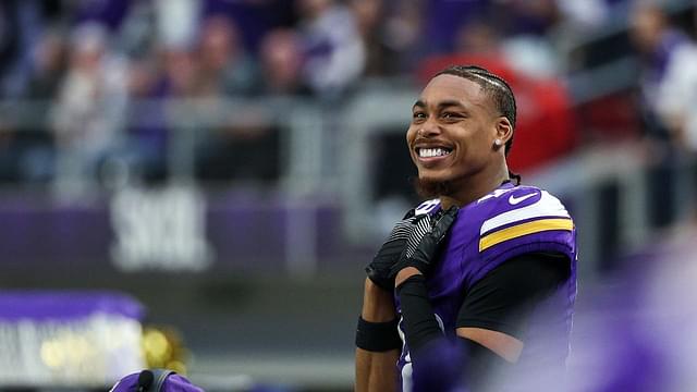 Minnesota Vikings wide receiver Justin Jefferson (18) looks on during the fourth quarter against the Atlanta Falcons at U.S. Bank Stadium.