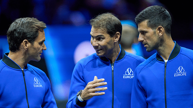 Roger Federer (SUI) and Rafael Nadal (ESP) and Novak Djokovic (SRB) of Team Europe on court at the opening of the Laver Cup tennis event