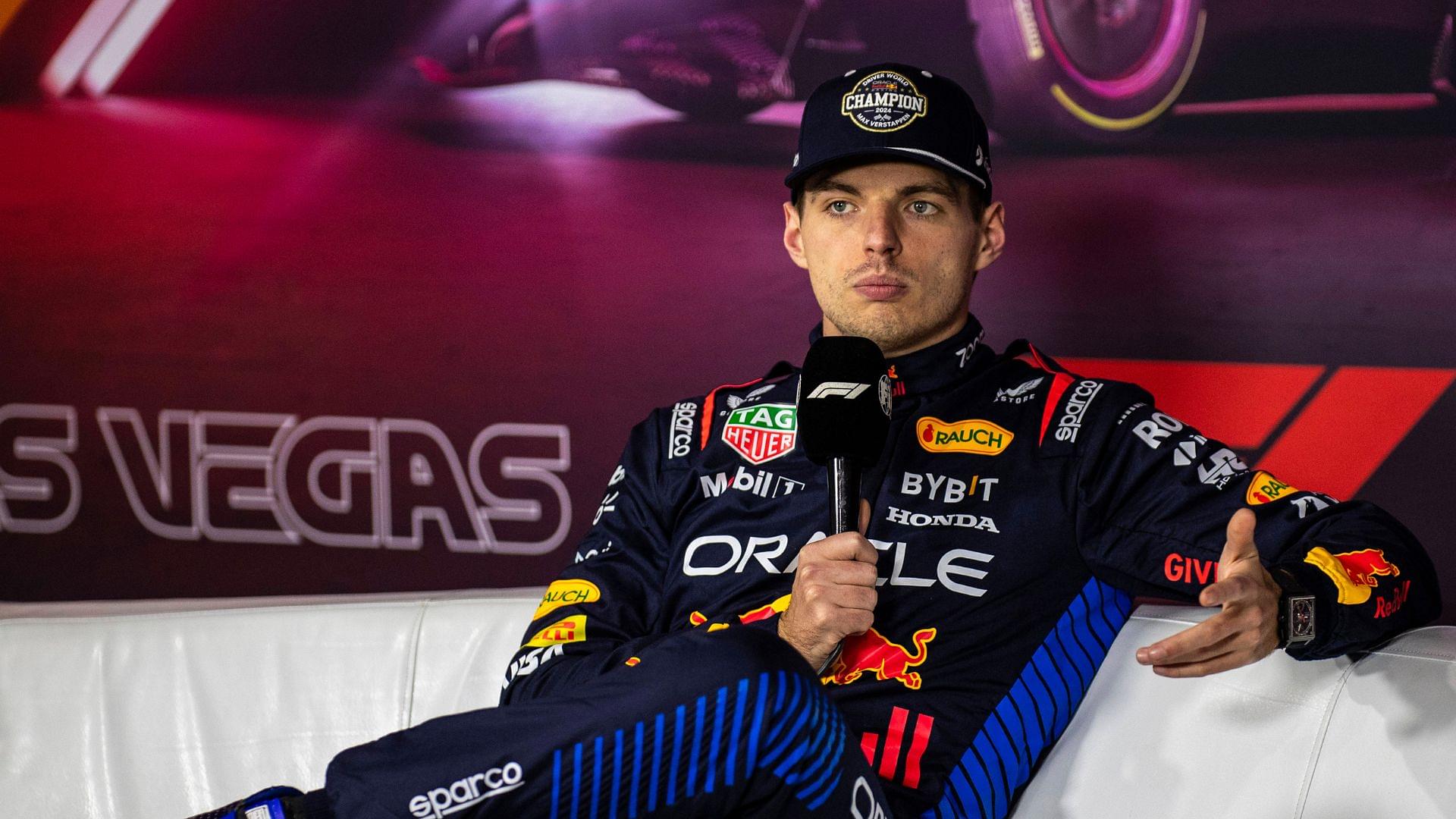 Red Bull Racing driver Max Verstappen (1) of Team Netherlands 4 time world champion talks about his championship win in Las Vegas