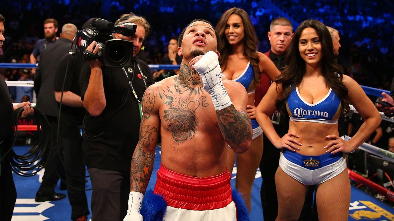 Gervonta Davis reacts to his victory by knockout against Francisco Fonseca during a boxing match at T-Mobile Arena.