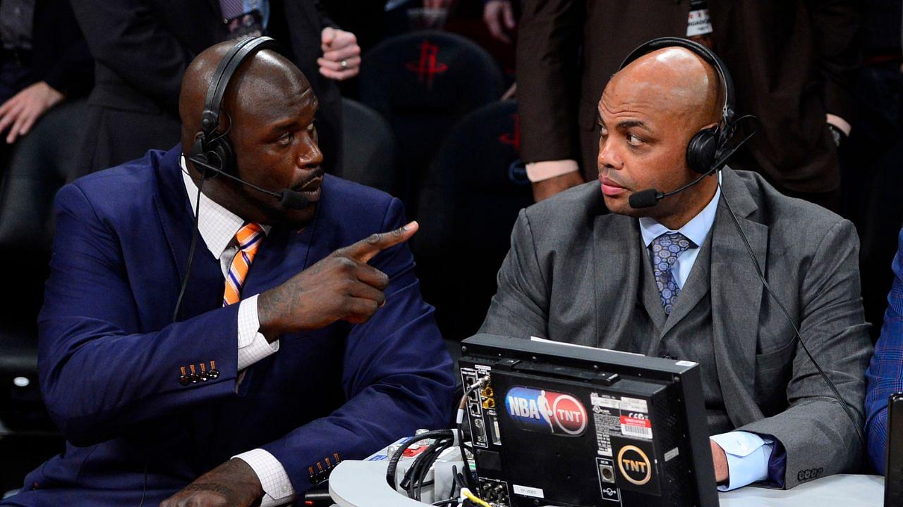 TNT broadcaster Shaquille O'Neal (left) and Charles Barkley talk during the 2013 NBA All-Star slam dunk contest at the Toyota Center.