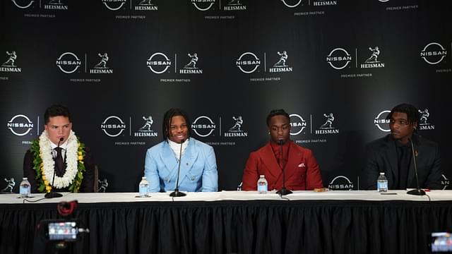 Dec 14, 2024; New York, NY, USA; From left, Heisman Trophy nominees Oregon Ducks quarterback Dillon Gabriel, Colorado Buffaloes wide receiver/cornerback Travis Hunter, Boise State Broncos running back Ashton Jeanty and Miami Hurricanes quarterback Cam Ward speak during a press conference before the 2024 Heisman Trophy Presentation.