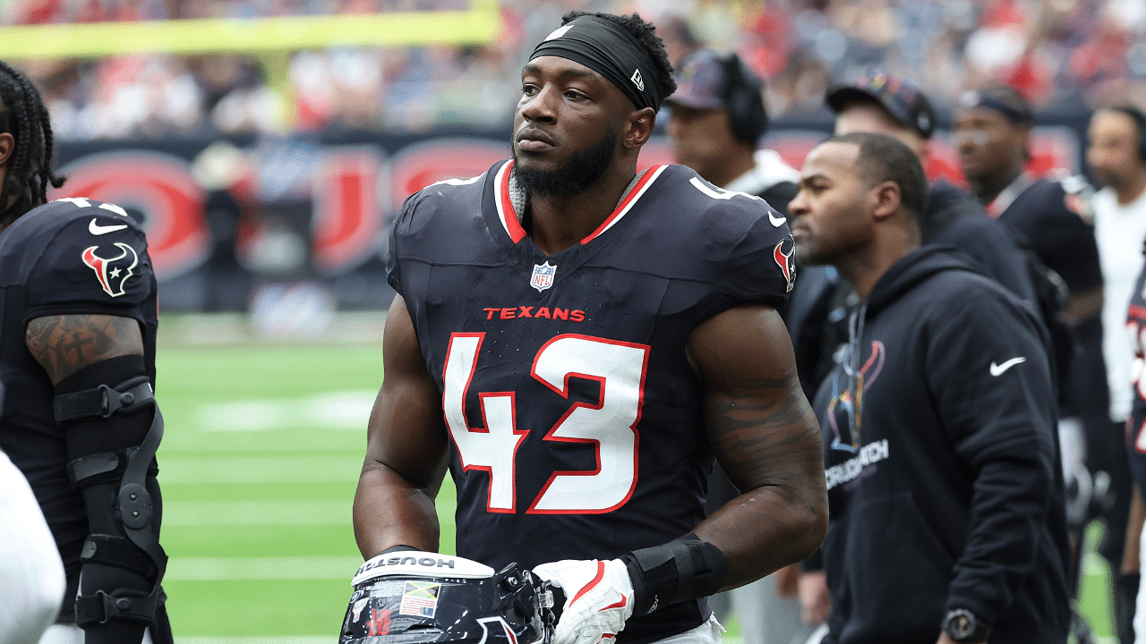 Sep 29, 2024; Houston, Texas, USA; Houston Texans linebacker Neville Hewitt (43) during the game against the Jacksonville Jaguars at NRG Stadium. Mandatory Credit: Troy Taormina-Imagn Images