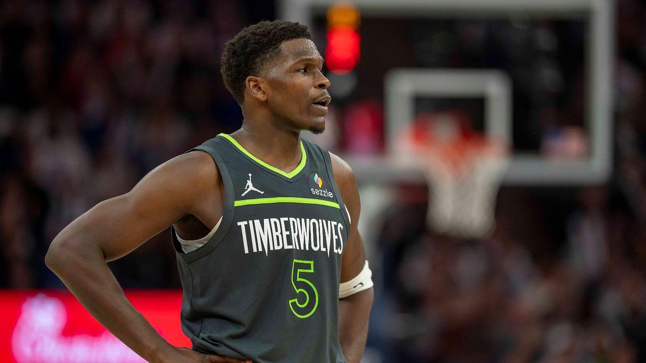 Minnesota Timberwolves guard Anthony Edwards (5) looks on against the Golden State Warriors in the second half at Target Center.