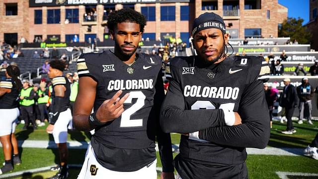 Colorado Buffaloes quarterback Shedeur Sanders (2) and safety Shilo Sanders (21) before the game against the Oklahoma State Cowboys at Folsom Field.