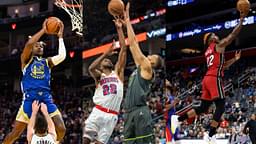 Jonathan Kuminga (L), Andrew Wiggins (C), Jimmy Butler (R)