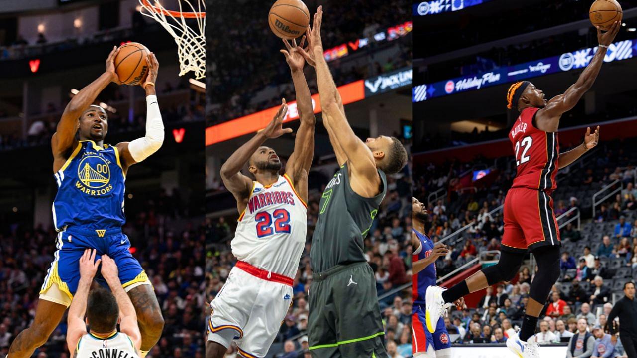 Jonathan Kuminga (L), Andrew Wiggins (C), Jimmy Butler (R)