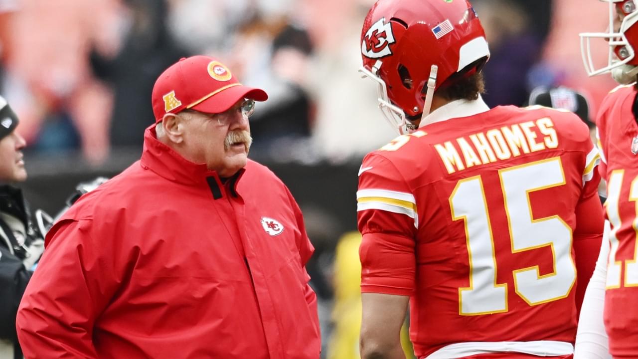 Dec 15, 2024; Cleveland, Ohio, USA; Kansas City Chiefs head coach Andy Reid talks to quarterback Patrick Mahomes (15) before the game between the Cleveland Browns and the Chiefs at Huntington Bank Field.