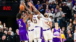 Utah Jazz guard Collin Sexton (2) gets blocked by Los Angeles Lakers forward LeBron James (23), forward/center Anthony Davis (3), and center Christian Koloko (10) in the final second of the second half at the Delta Center.