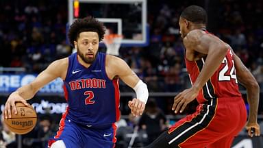 Detroit Pistons guard Cade Cunningham (2) dribbles as Miami Heat forward Haywood Highsmith (24) defends in the second half at Little Caesars Arena.