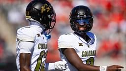 Colorado Buffalos quarterback Shedeur Sanders (2) with wide receiver Travis Hunter (12) against the Arizona Wildcats at Arizona Stadium.